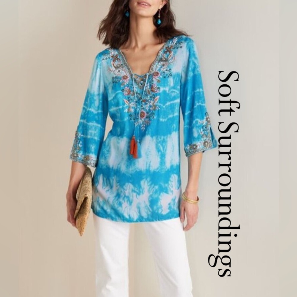 Soft Surroundings | Icon Beverly Tunic Sky Blue Tie Dye Embroidered/Beaded